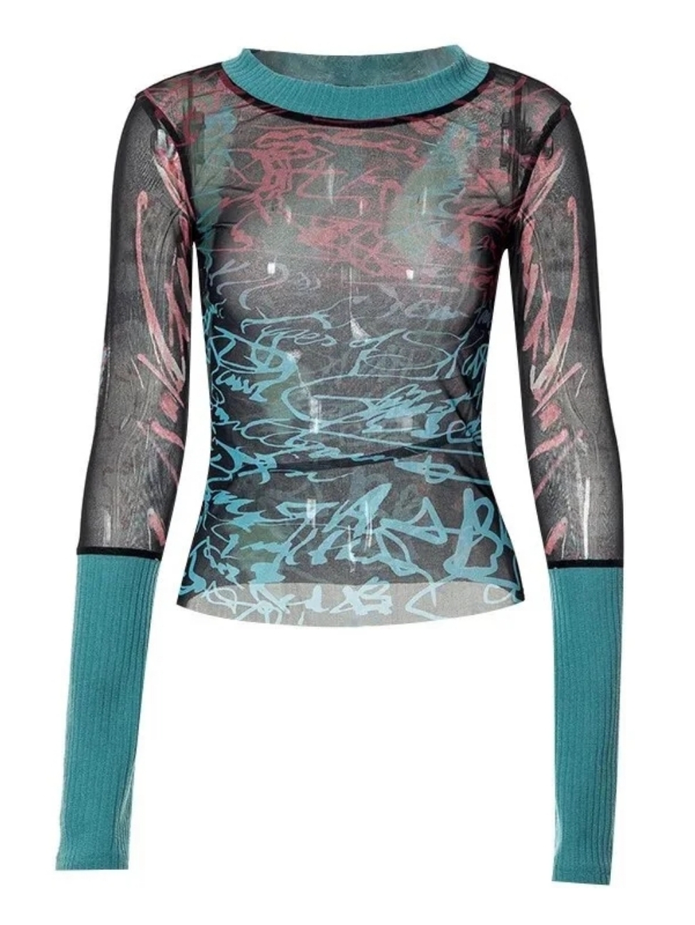 Y2K Vintage Sheer Slim Top Long Sleeve Round Neck Pattern Print Mesh Patchwork S - Picture 14 of 17